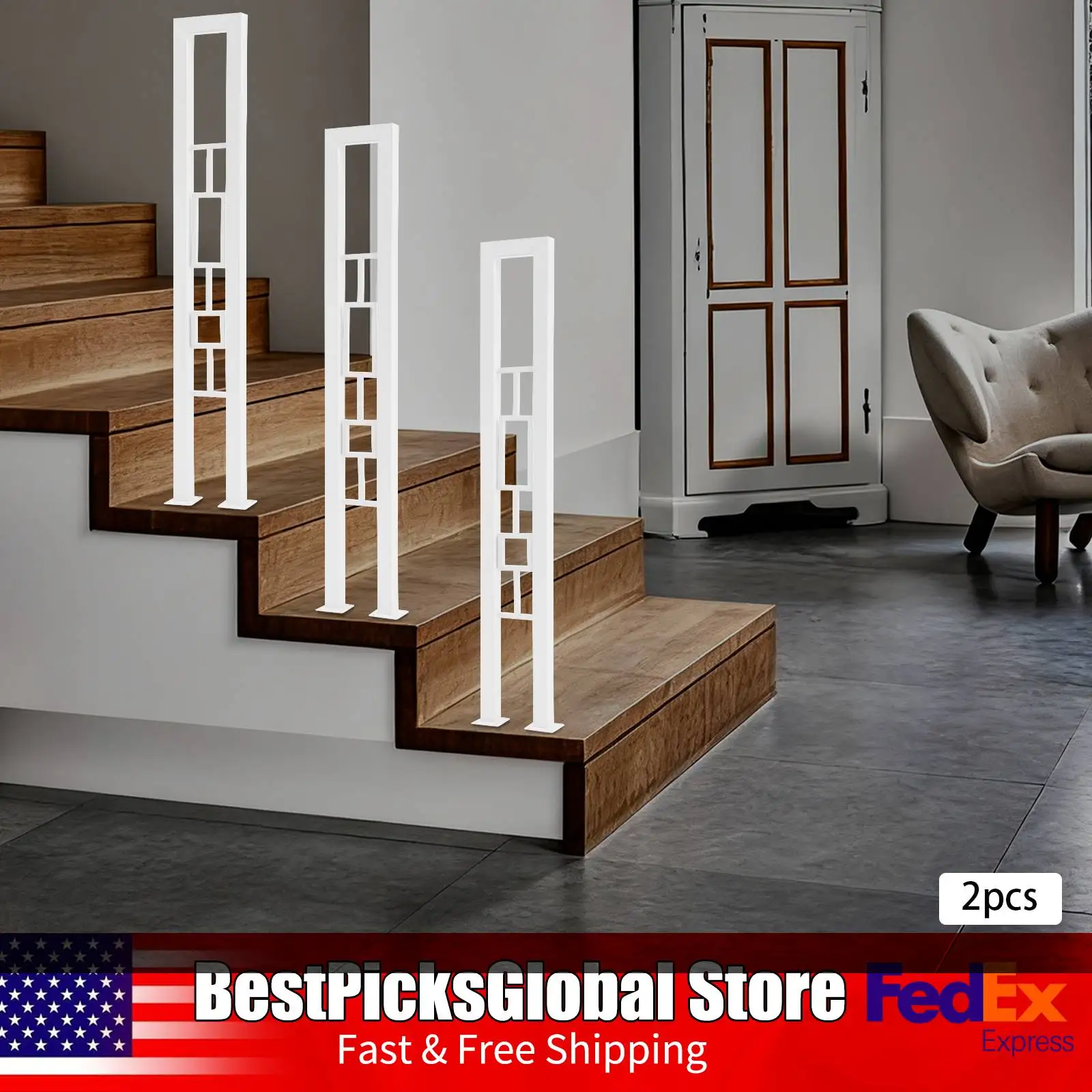 2 قطعة درابزين درج بارتفاع 35.43 بوصة على شكل حرف U، أبيض/أسود، مستطيل + نمط مربع، أقطاب دعم أمان من الحديد المزخرف #2