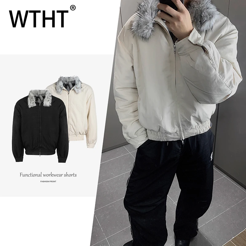 

WTHT Trendy Men's Solid Color Spliced Faux Fur Design Coats Fashion 2025 WinterLaple Long Sleeves Jackets Male 2A2389
