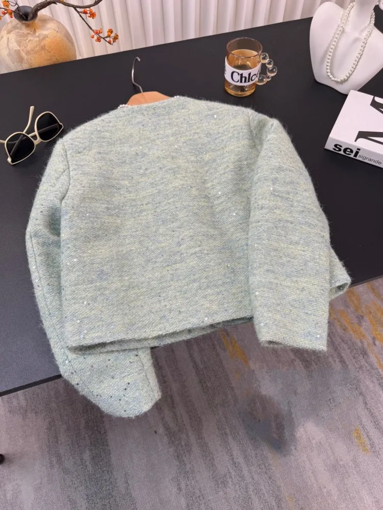 الحلو 2025 جديد إمرأة شتاء دافئ أسفل معطف س الرقبة واحدة الصدر الصوفية سترة قصيرة كم طويل مكتب سيدة ملابس خارجية غير رسمية #3