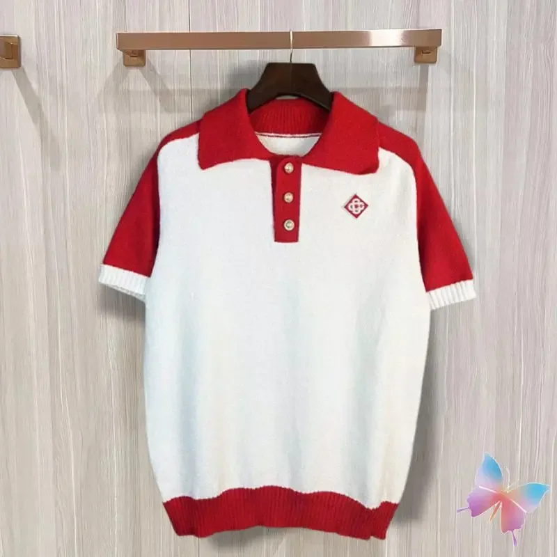 

Red White Contrasting Lapel Polo Shirt Embroidered Logo Casual Loose Men Women Knitted Tshirts Street Casa Short Sleeved Tops