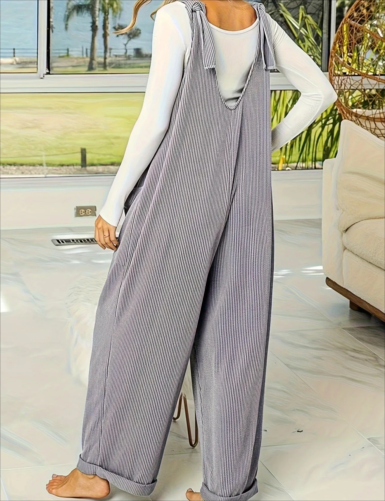 Mono sin mangas con cuello en V de color sólido para mujer, informal, suelto, pierna recta, pierna ancha