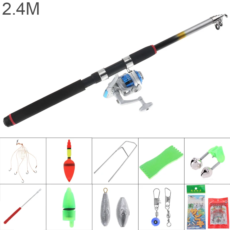 

2.4m Fishing Rod Telescopic Reel Line Combination Full Kits Series Spinning Reel Pole Set with Fishing Float Hooks Beads Bell