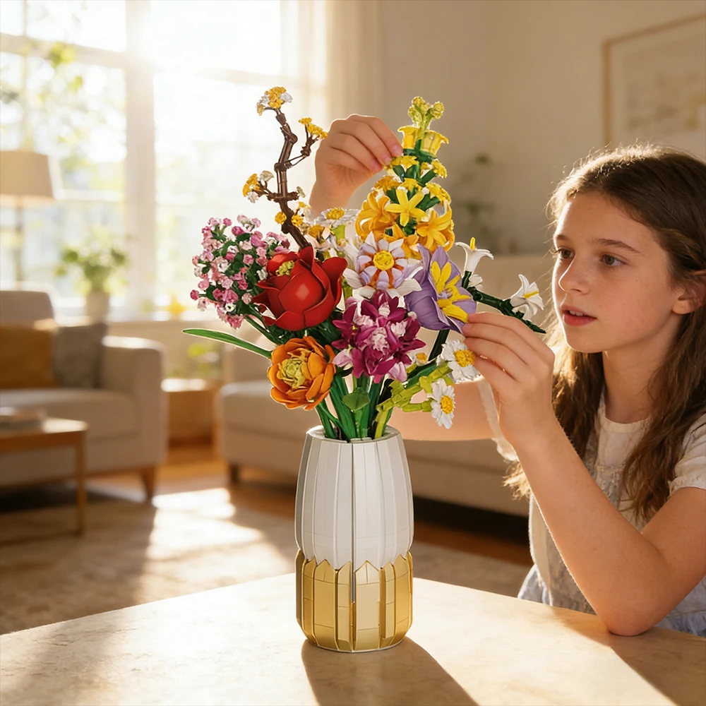 

Ever-fresh Bouquet Building Blocks DIY 1458 PCS Rose Daisy Hyacinth Flower Bricks Kids Educational Gifts Adult Home Decoration