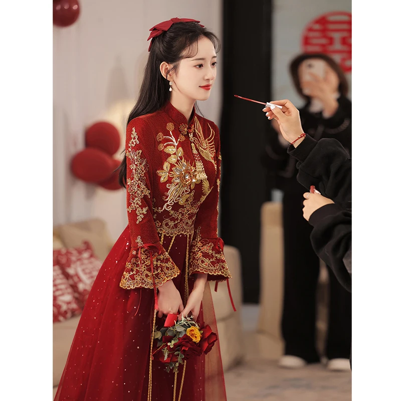 

Red Chinese Wedding Dr Women's Long Sve Floor Length Embroidered Gown for Engagement And Wedding Celebration