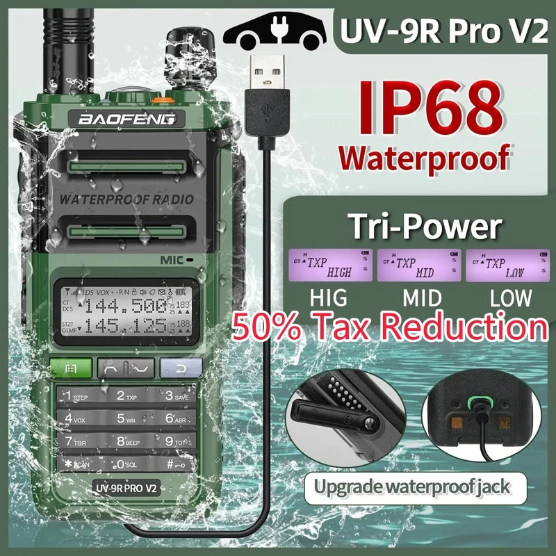 Baofeng UV 9R PRO V2 IP68 Водонепроницаемая рация высокой мощности двухдиапазонное зарядное устройство UHF VHF Type-C Long Range CB Radio Upgrade UV 9R