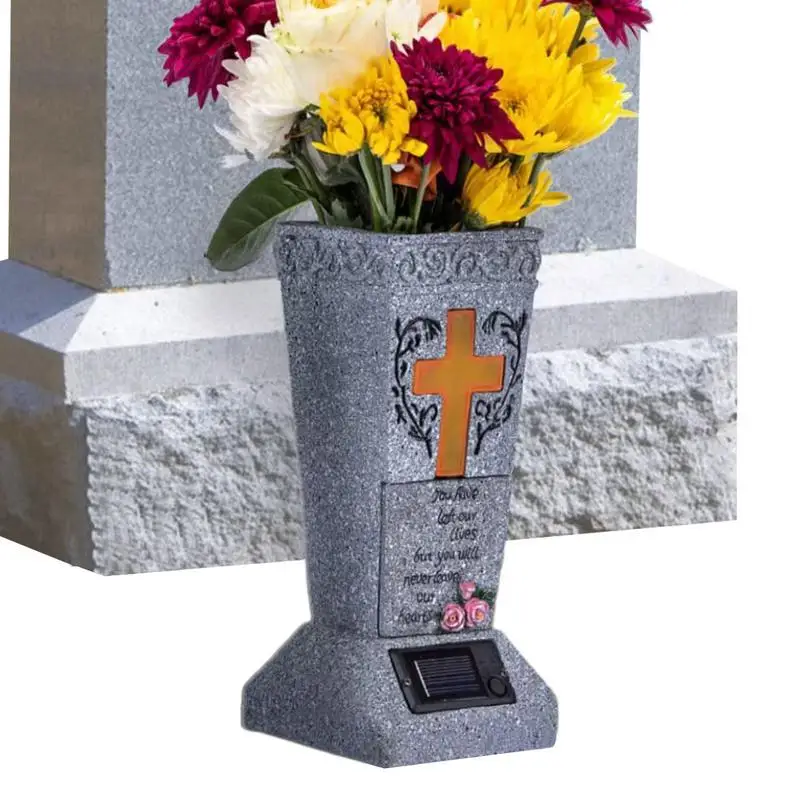

Solar Cemetery Grave Vase With LED Gravestone Vases Solar Lighted Memorial Decorations With Spikes For Outdoor Graveyard Yard
