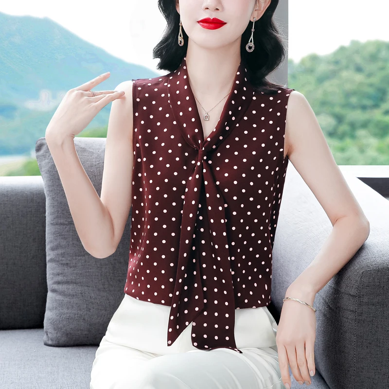 

Summer New Silk Chiffon Blouse Korean Fashion Polka Dot Ribbon Shirt Women Sleeveless Office Lady Tops