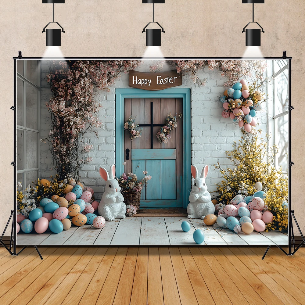 Easter Bunny Wooden Fence Photography Backdrop Easter Background Colorful Textured Backdrop Child Portrait Photo Studio Props