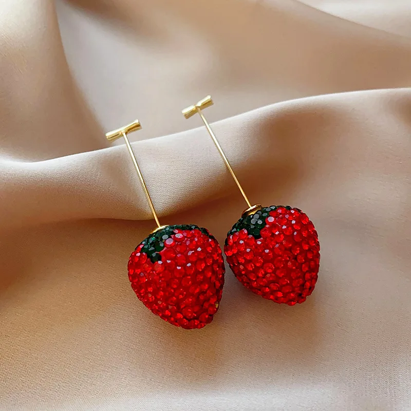 2 Pcs Rhinestone Strawberry Earrings for Women Sweet Lovely Girl Heart Drop Earrings Temperament Light Luxury Jewelry Wholesale