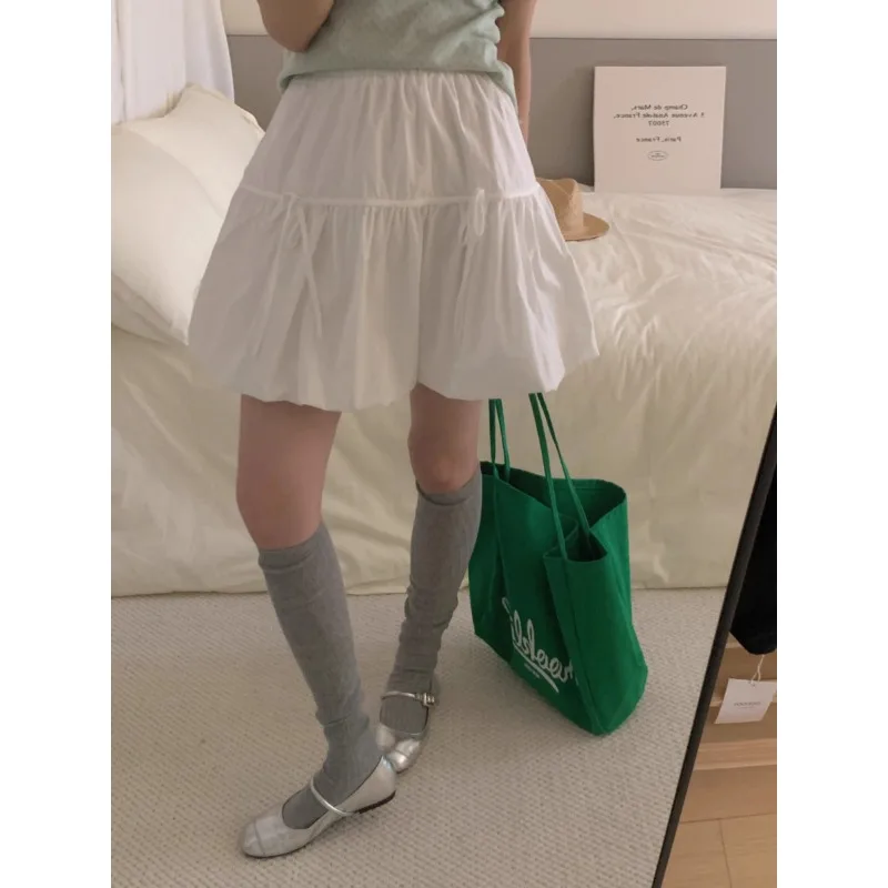 

Korean Bow Lace-up Loose Casual A-line Skirt Women 2024 Summer New High Waist Pleated Solid Color All Match Bud Skirt