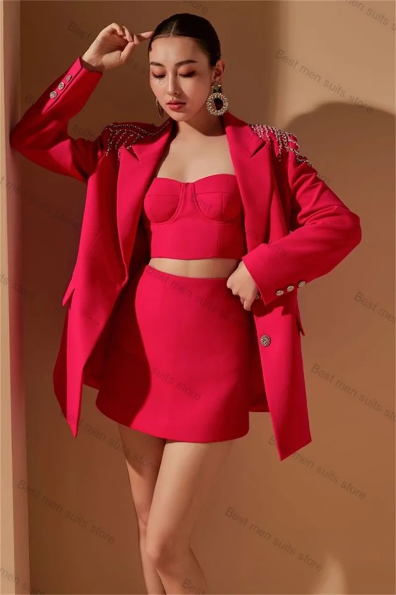 Hot Pink Crystals Women Suit Set 3 Pieces Blazer+Top+Skirt Luxury Formal Office Lady Wedding Prom Dress Jacket Coat Customize