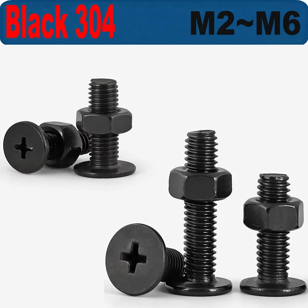 Black 304 Stainless Steel Phillips Ultra Thin Wafer Flat Head Low Profile Screws Bolt and Hexagon Full Nuts Set M2 - M6