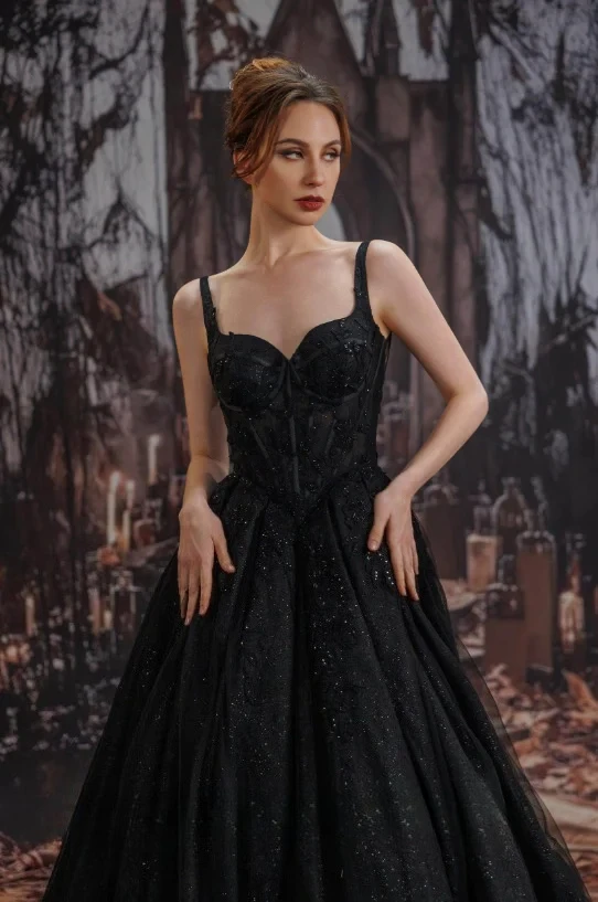 Customized Spaghetti Strap Corset Black Gothic Ball Gown Lace Crystal Low Back Chapel Train Dark Bridal Wedding Reception Dress