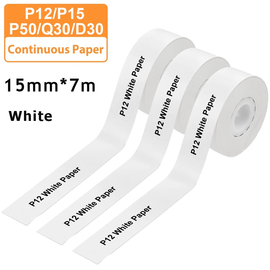 3pcs 15mm x7m Continuous Label Paper fit for P12 P15 Phomemo D30 Q30 Printer Waterproof Self Adhesive Thermal Printer Sticker