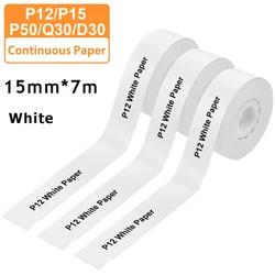 3pcs 15mm x7m Continuous Label Paper fit for P12 P15 Phomemo D30 Q30 Printer Waterproof Self Adhesive Thermal Printer Sticker