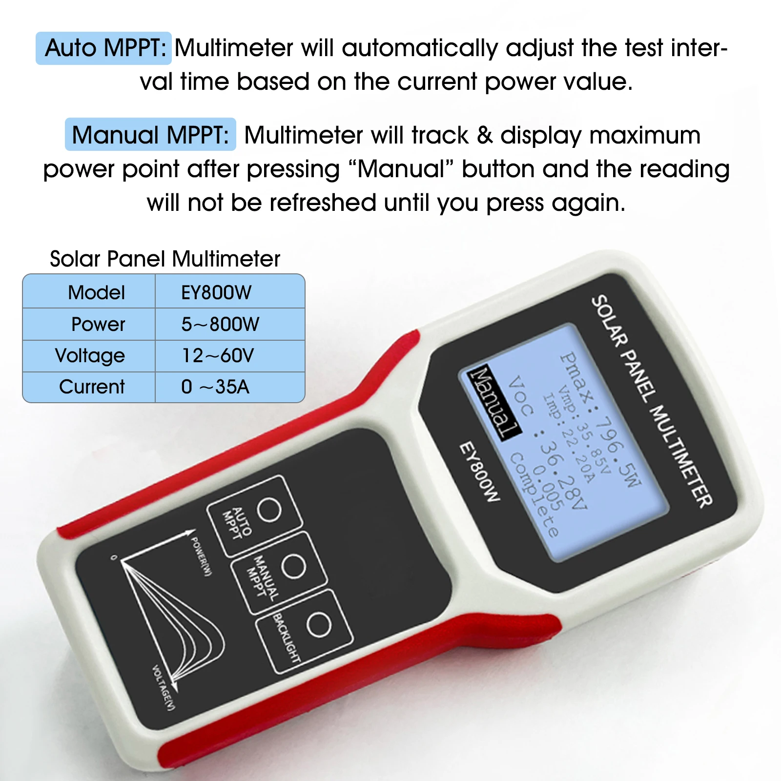 Solar Panel Tester Photovoltaic Multimeter with Ultra Clear LCD Troubleshooting Utility Tool for Solar PV Testing (LCD 800W)