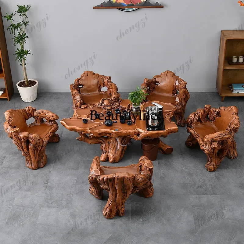 C178 New Chinese tea table and chair combination office imitation root carving household  Kung Fu coffee table all-in-one table