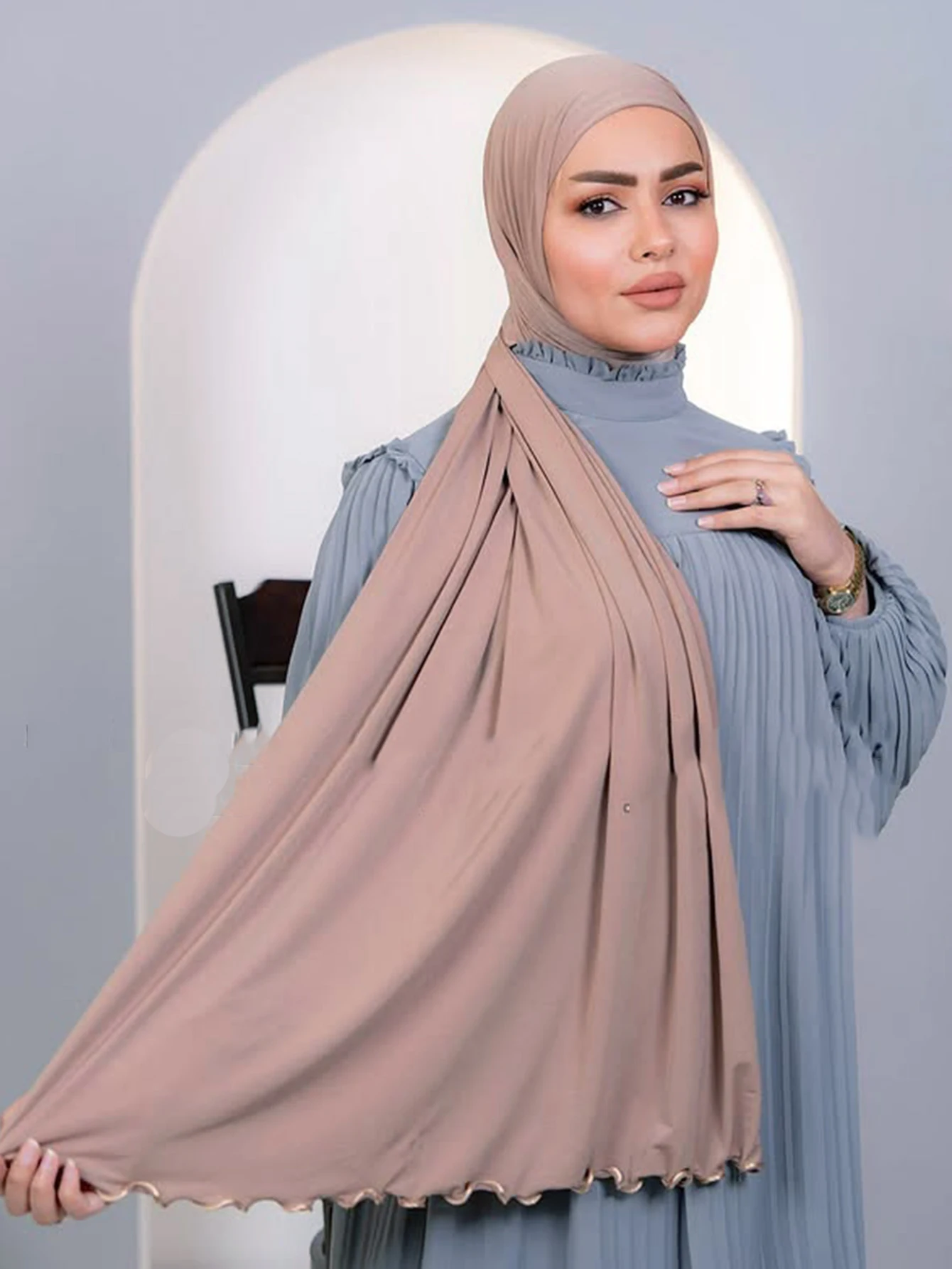 Stylish Elastic Curved Edge Solid Color Muslim Hijab Scarf Black Fungus Edge Shawl Soft Turban Islamic Headwraps image 6