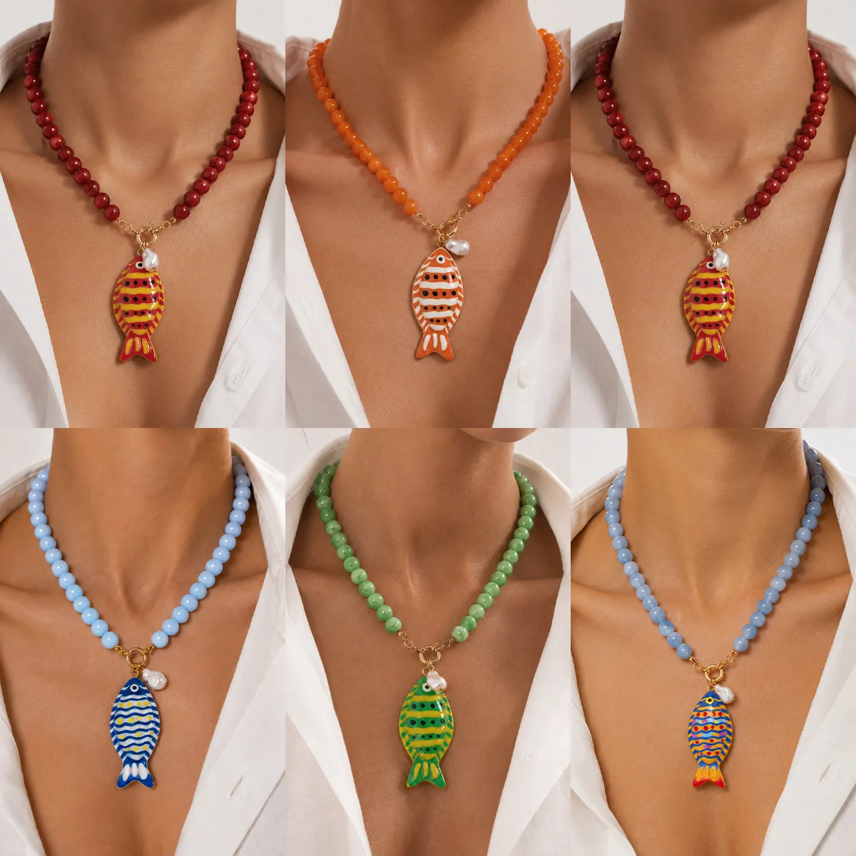 Legierungs-Emaille-Halskette mit Fisch-Anhänger im Ozean-Stil, Acrylperlen-Choker für Frauen, Ins-inspirierter Schmuck für Strandurlaub und Party, Geschenk