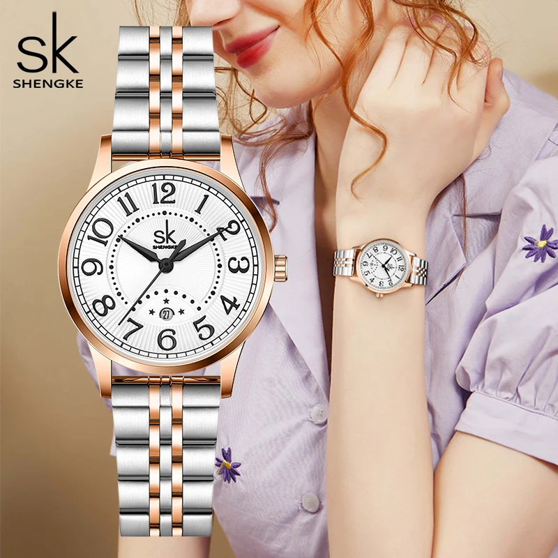 Shengke-Reloj de pulsera para mujer, accesorio de marca de moda, relojes de vestir SK, resistente al agua, con fecha, regalo