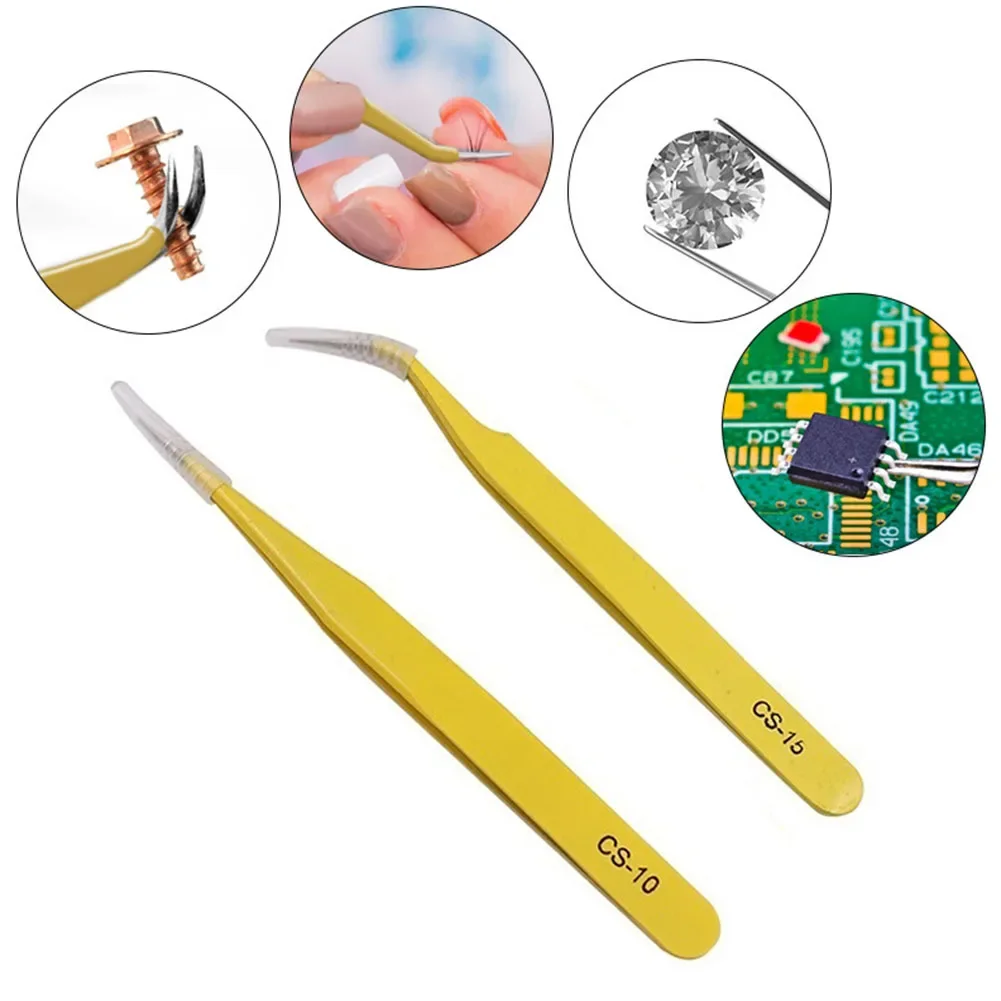 2pcs Precision Tweezers Set Anti-Static Stainless Steel Tweezers Repair Tools For Electronics Repair Soldering Craft CS-10 CS-15
