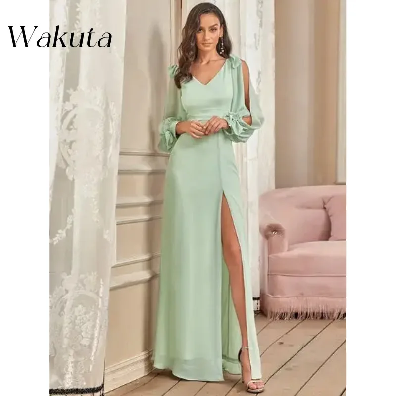 Wakuta Luxury V-Neck Full Sleeves Floor-Length Solid Evening Gown Long A-Line 2024 of Chiffon Bridesmaid Vestidos Elegante Mujer