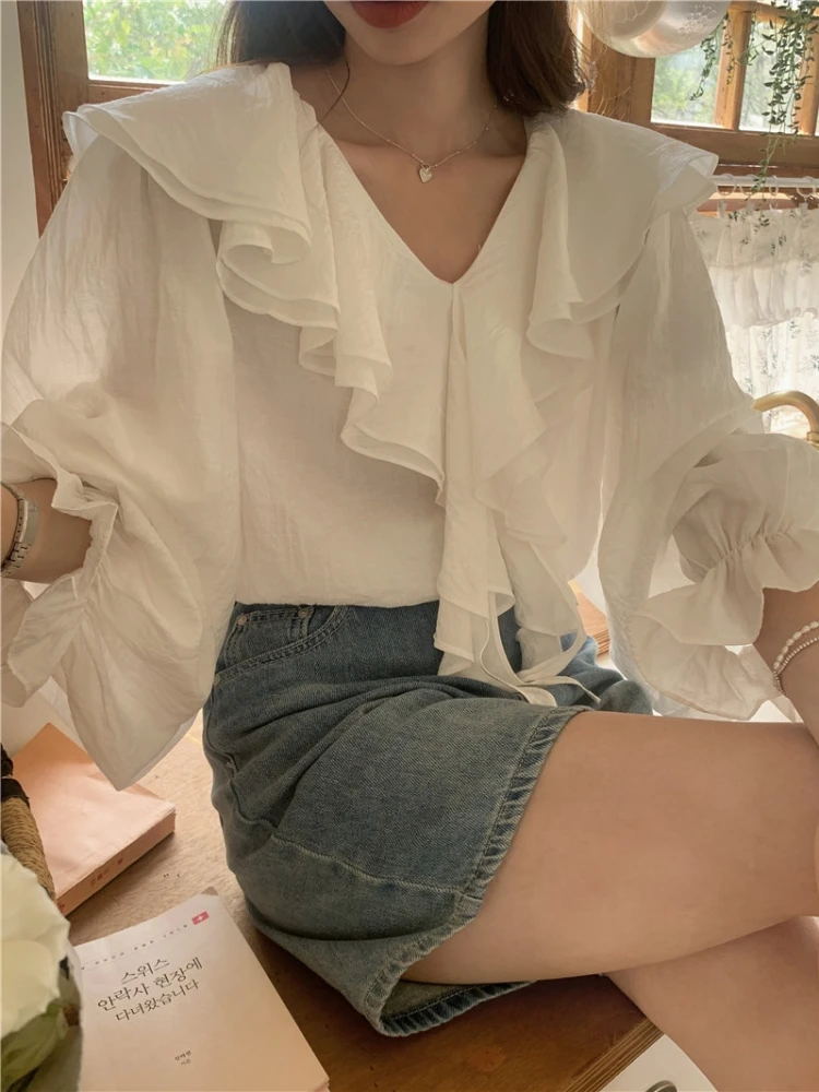 BL9888 New 2023 Elegant Lady Chic Sweet Ruffles V-Neck Fashion French Style Women Blouses Shirts Spring Summer Vintage Tops