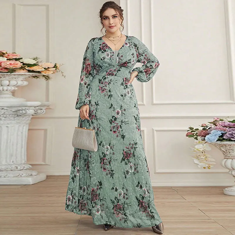 

(greenish) Spring and summer fashion lace temperament commuter large size dress, banquet dress, new high-end simple temperament