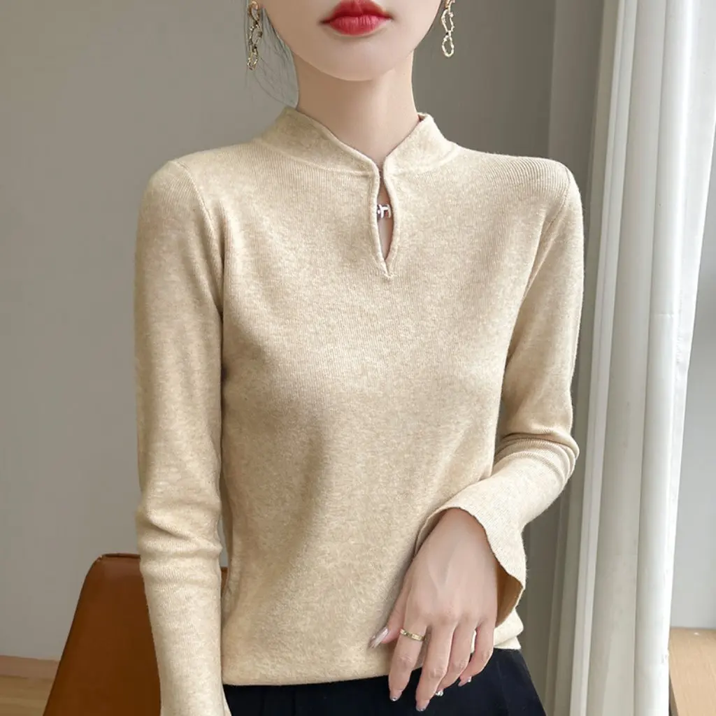 

Women's Slim-fit Knit Sweater with Buckle Collar And Trumpet Sleeves Chinese Style National Top for Autumn Winter