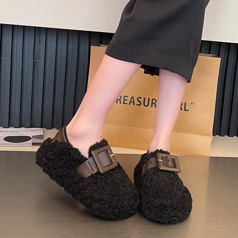 Winter Women House Slippers Faux Fur Fashion Warm Shoes Slip On Flats Female Slides Black apricot Dark brown Home Furry Slippers