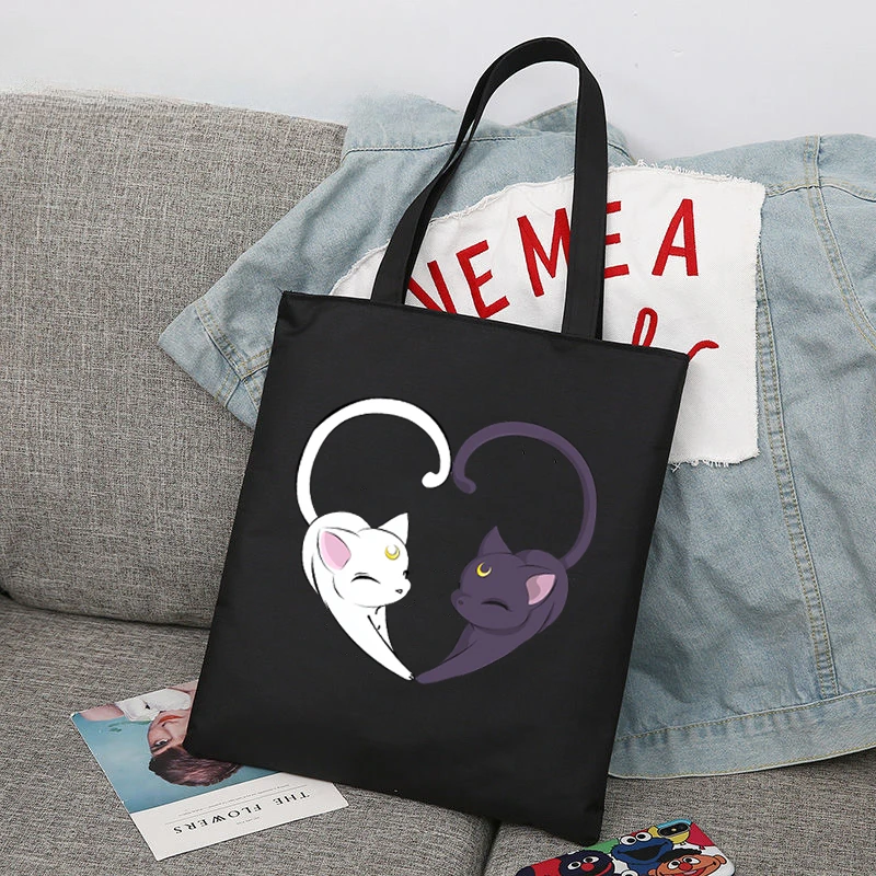 Lovely Funny Moon Cat Heart Fashion Shoulder Bags Large Capacity Wild Messenger Bag Summer New Cute Canvas Handbag Tote Bag