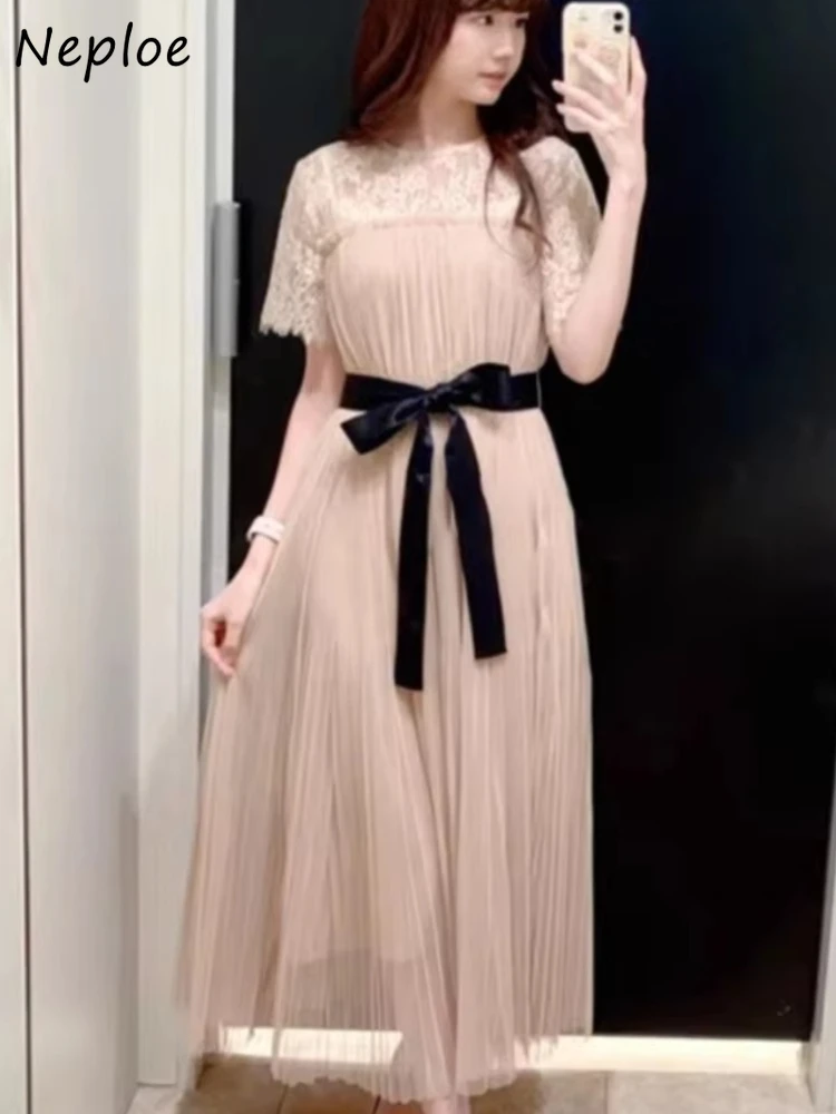 

Neploe 2025 Summer New Sweet Lace Dress Patchwork Half Sleeve Mesh Slim Waist Robe Japan Elegant Lace Up Luxury Moda Vestidos