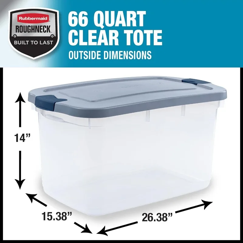 Roughneck Clear 66 Qt/16.5 Gal Storage Containers, Pack of 4 with Latching Grey Lids, Visible Base, Sturdy and Stackable,