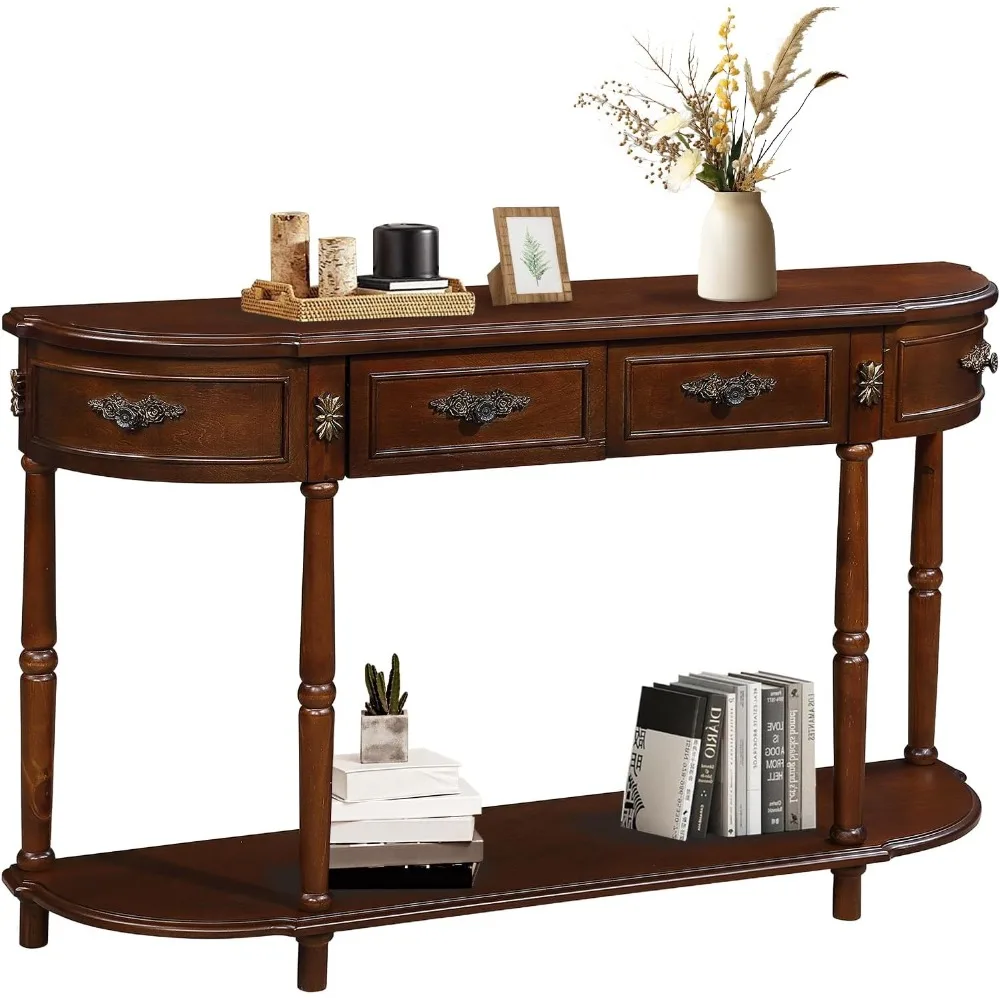 HMFULE 레트로 곡선형 콘솔 테이블, 52인치 반달형 콘솔 테이블 소파 테이블 현관 테이블 2개의 서랍과 1개의 오픈 선반 포함 솔리드 파인 L
