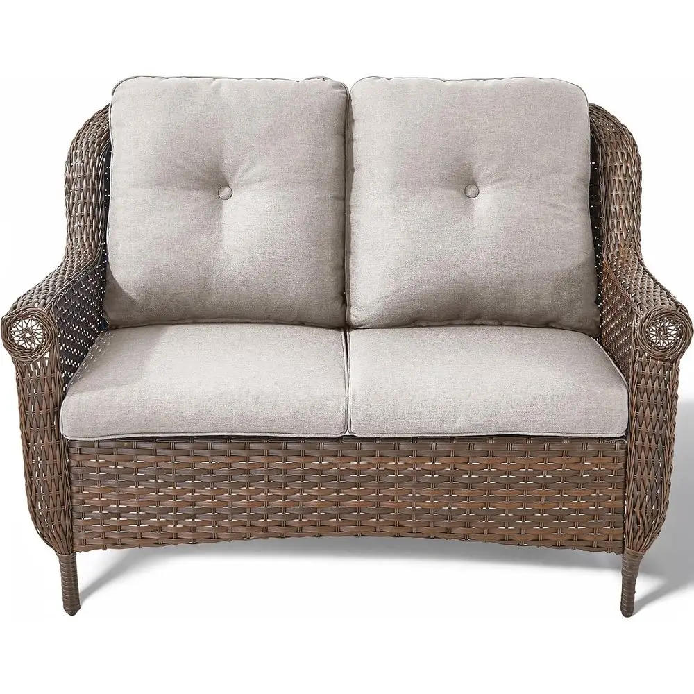 

Durable Weather-Resistant 2-Person Outdoor Wicker Loveseat with Cushions for Patio, Garden, or Poolside - Beige