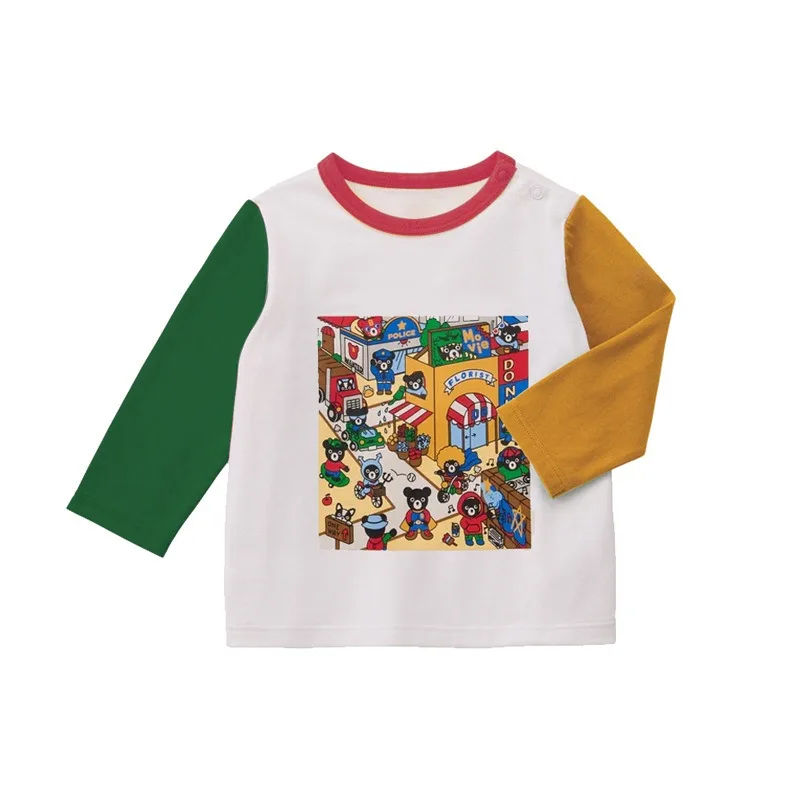 Autumn Japanese Style Kids Long Sleeve T-shirt Cartoon Black Bear T-Shirts Color Block Crew Neck Tops Baby Casual Basic Shirts