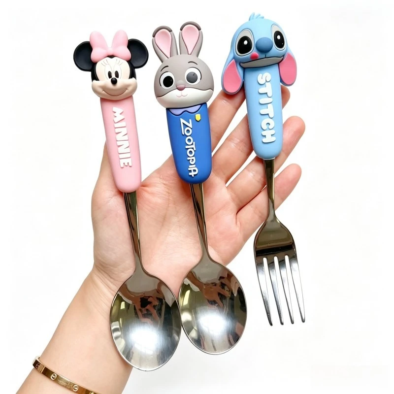 Cartoon Kids Tableware Mickey Minnie Judy Hopps Stitch Spoon Fork 3d Silicone Handle Utensil Dining Collectible Kid Cutlery