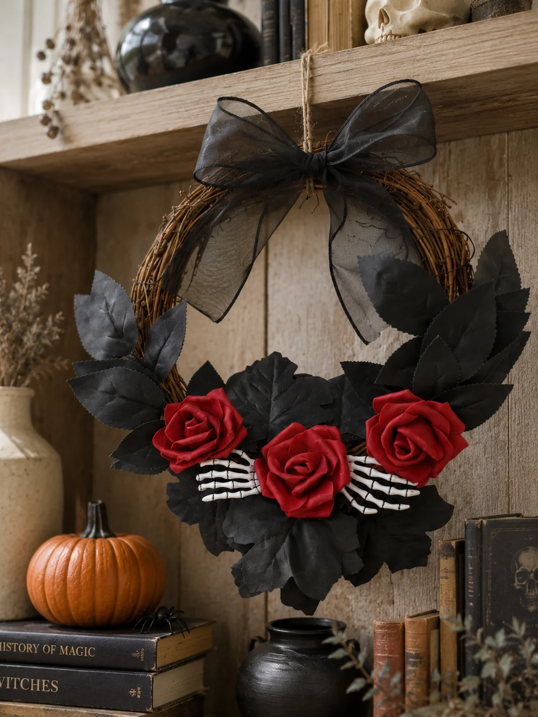 Halloween Rattan Wreath Black Leaves Artificial Red Rose Skull Skeleton Hand Bow Front Door Gothic Spooky Wall Home Party Decor