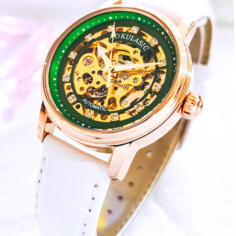 Ladies Hollow Diamond Automatic Mechanical Watch Luminous 30m Water Resistant Genuine Leather Strap Screw Crown Simple Watch - view 4