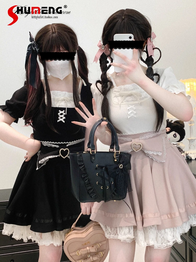 

Japan Style Sweet Short Sleeve T-Shirts Summer New 2025 Girls Women's Slim-Fit Elegant Daily Date Top Y2K Mini Skirt Set 2025