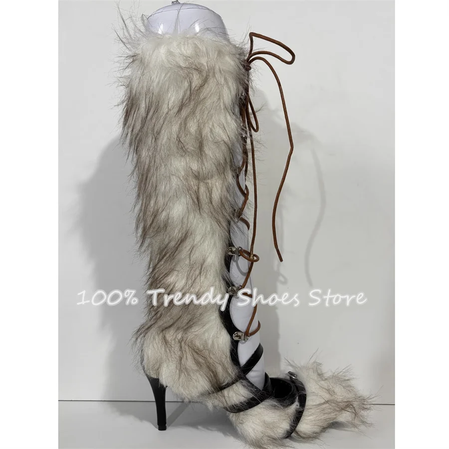 

Sexy Hollow-Out Cross Strap Women Plush Boots Round Toe High Heel Knee High Boots Ladies Buckle Strap Furry Cutout Long Boots
