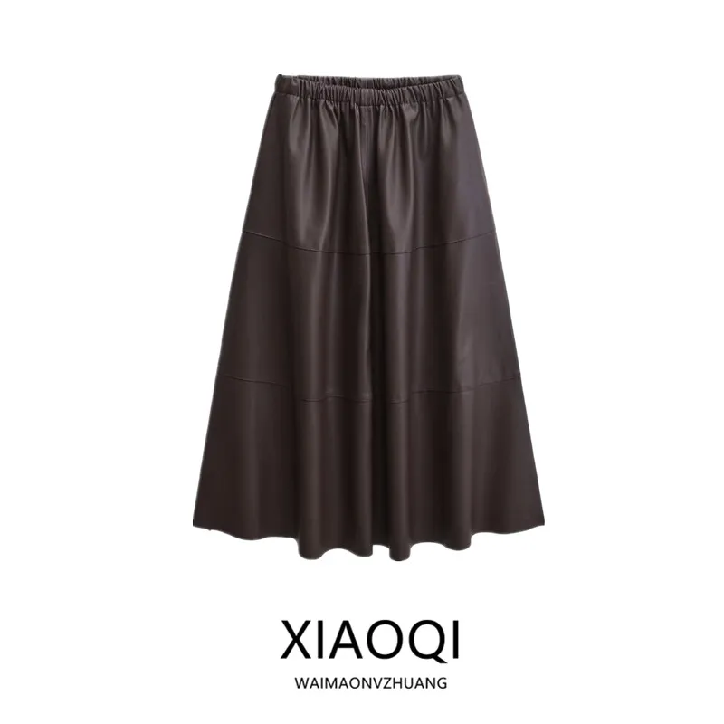 Autumn 2024 Women's Fashionable PU Leather Midi Skirt Versatile Elegant mid Waist Design Other Material 100% Chiffon Skirt
