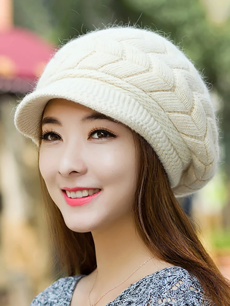 Women\'s Hats Winter Warm Knitted Hat Rabbit Hair Double Layer Plus Velvet Cap Visor Beanies For Women Casual