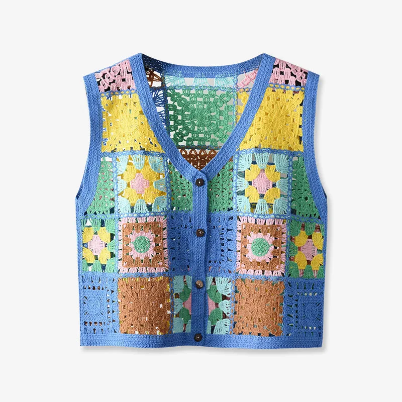 Boring Honey Hook Flower Hollow Out V-Neck Women Clothing Assorted Colors Retro Vest Tops Single-Breasted Sleeveless Blouses