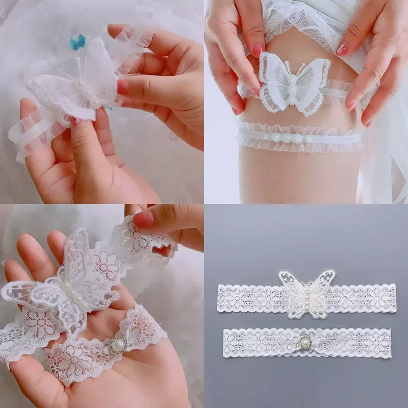2Pcs Women Lace Leg Garters with Ruffle Pearl Charm Butterfly Decoration White Thigh Bands for Stockings Party Dress