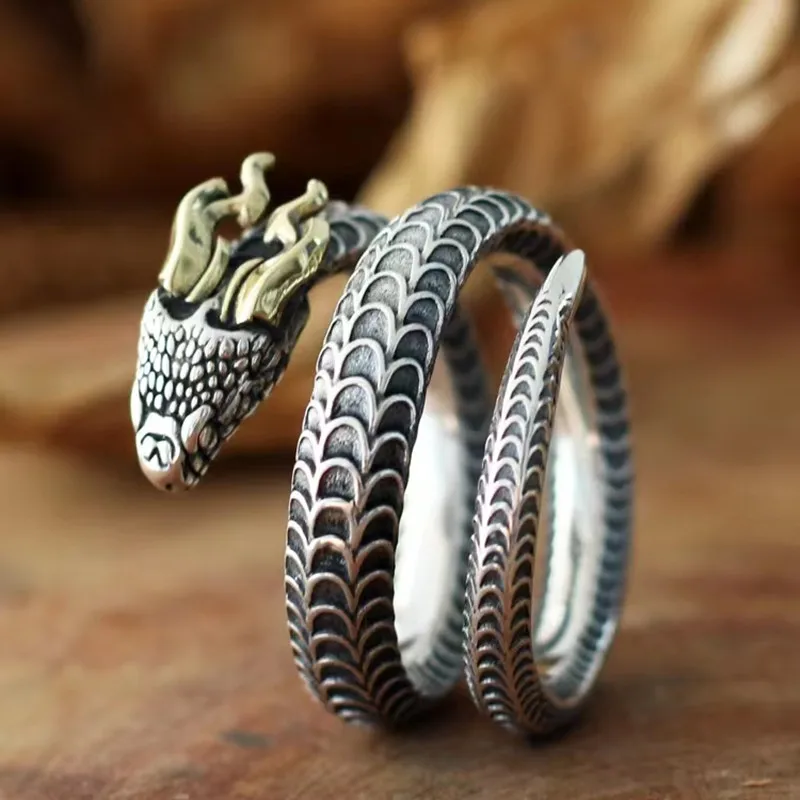 Chinese Ethnic Wind Dragon Ring with Horns Poisonous Snake Ring Charm Men\'s Punk Jewelry Accessories