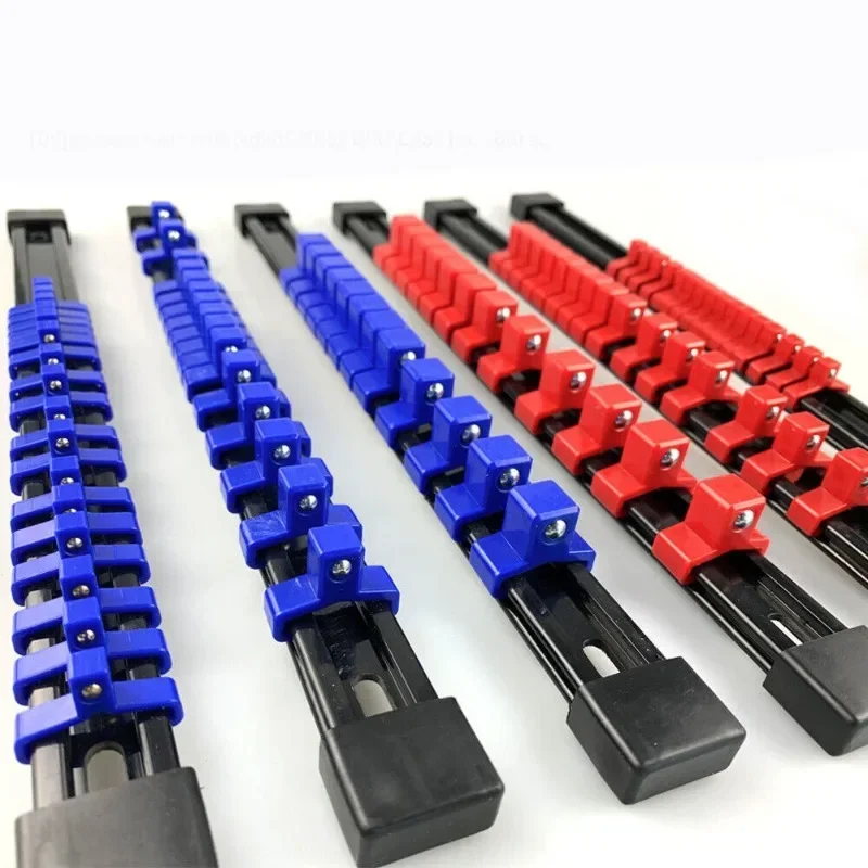 3 PCS Socket Organizer 1/2 3/8 1/4 inch Drive Socket Rail Holders Heavy Duty Socket Racks, Black Rails with Red Blue Black Clips