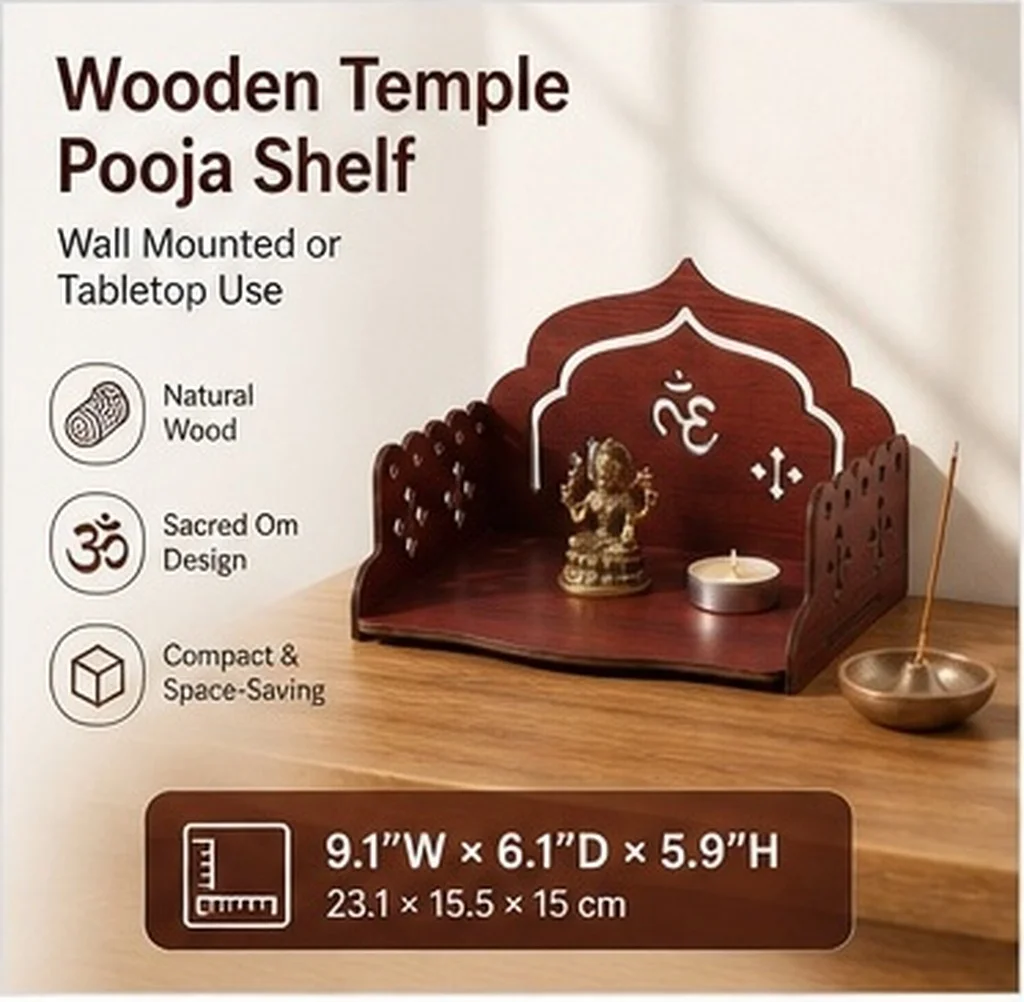 Wooden Wall-Mounted Pooja Rack – Small Prayer Altar Shelf for Home, Office & Meditation Corner (9.1x6.1x5.9 Inch)