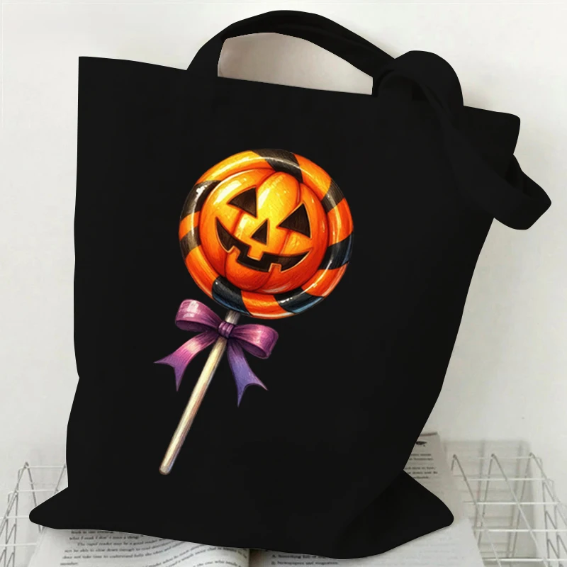 Bolso de mano de lona con estampado de sombrero de bruja y calabaza de estilo Vintage para mujer y hombre, bolsas de compras de Halloween, bolso de hombro informal de calabaza de terror