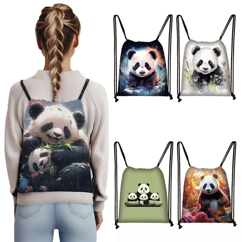 

Cute Panda Drawstring Bag for Girls Travel Storage Package Cartoon School Backpacks Children Bookbag Kids Shoes Holder Gift